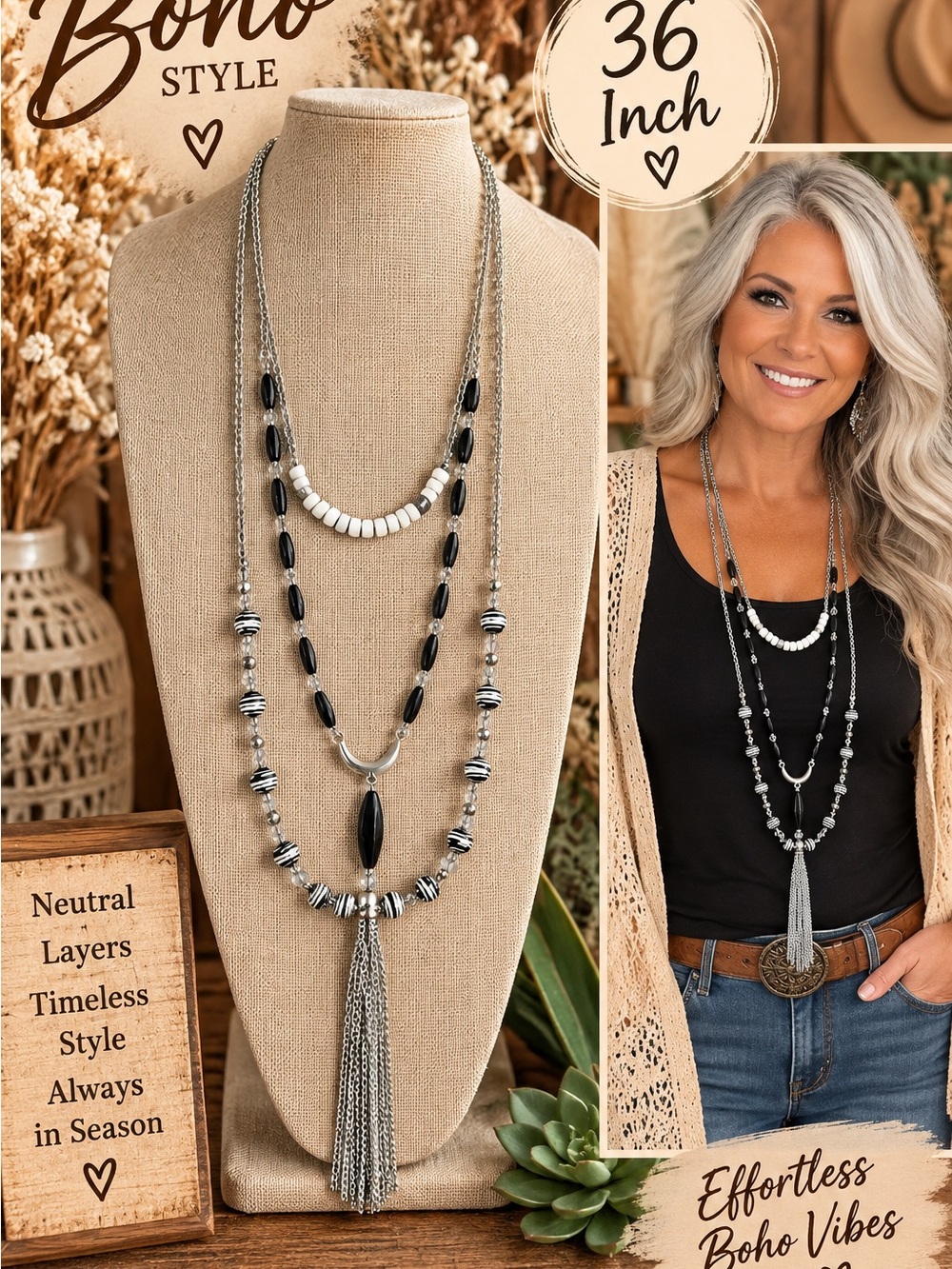 735 Boho Layered Tassel Necklace — Black & White 36"